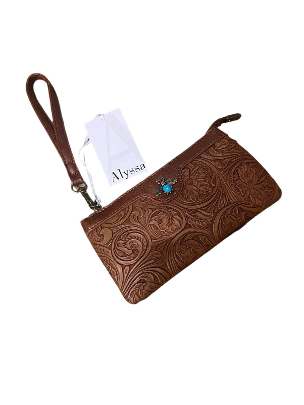 Brown Tooled Leather Wristlet with Turquoise Accent